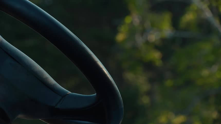 A close-up of a steering wheel illuminated by golden hour light with a lush, green forest out of focus in the background