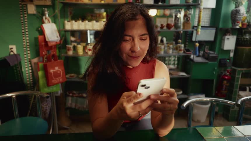 A woman sitting at a counter in a small shop smiles as she reads something on her mobile phone