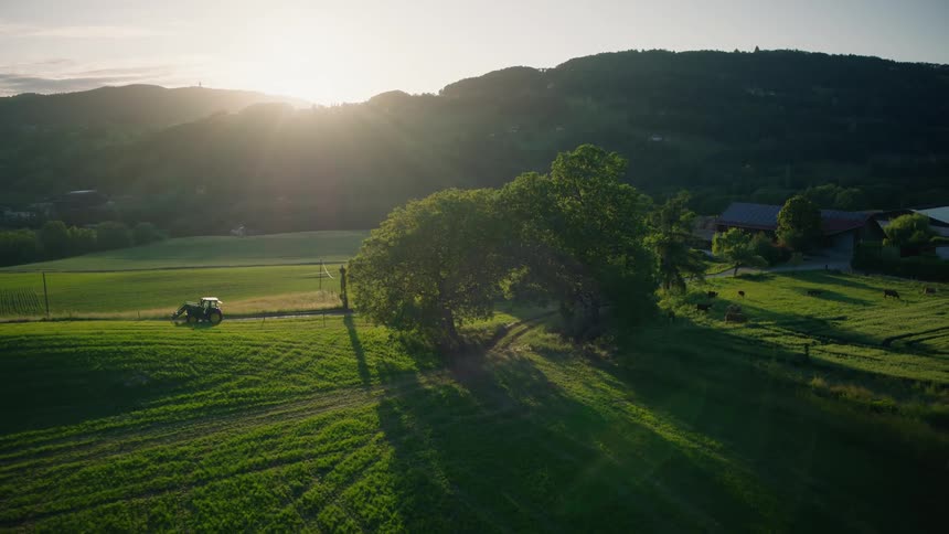 An idyllic farm scene unfolds from an aerial perspective, showing a tractor in a green pasture at sunset with long shadows and warm light
