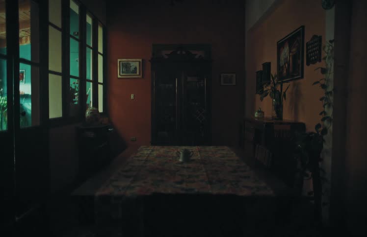 A timelapse captures the shifting light and shadows of a passing day in a moody, vintage dining room