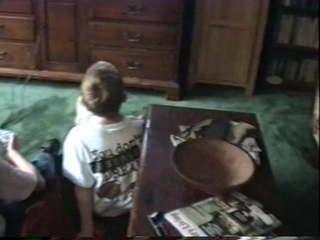 A group of young boys sit on the green carpeted floor of their living room playing video games together