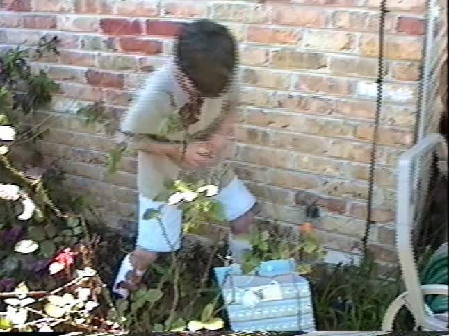 Vintage VHS footage shows a young boy finding a golden Easter egg hidden in the bushes during a sunny backyard egg hunt