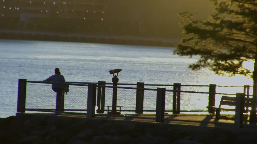 A silhouetted person stands on a scenic lookout point, gazing at the glittering water during a beautiful sunset