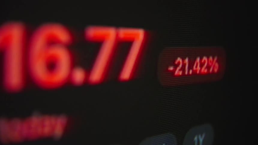 A close-up of a digital screen shows a stock price crashing as the numbers rapidly decrease, ending with the market closing