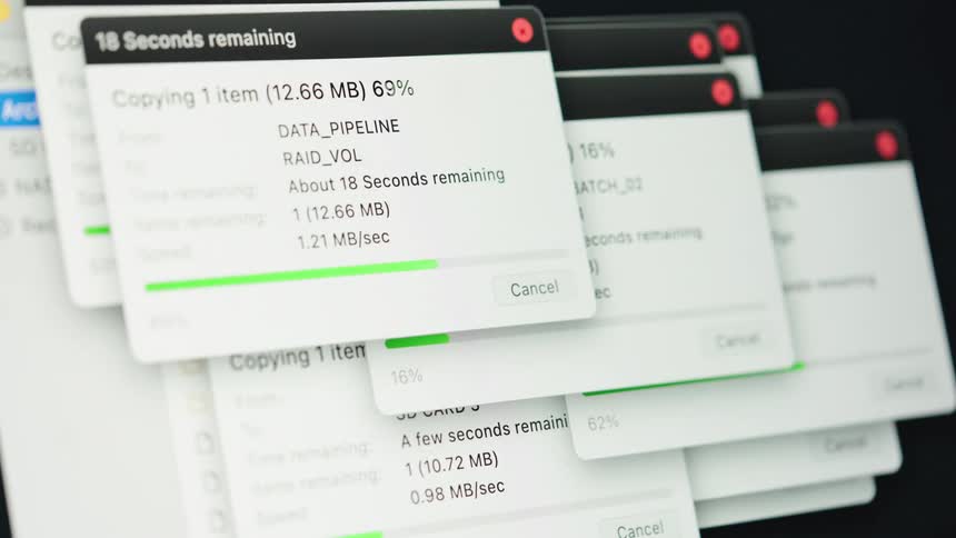 A chaotic montage of multiple file copy progress bars indicates a massive data transfer and backup operation on a computer screen