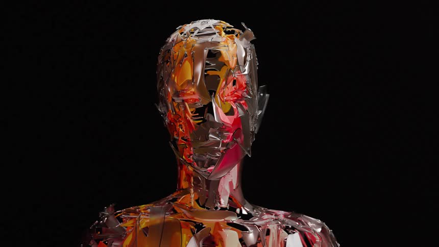 A futuristic, shattered humanoid bust shimmers with vibrant, metallic colors against a black background in a seamless loop