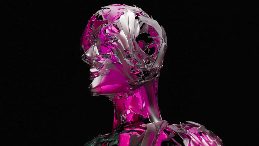 An abstract humanoid figure made of fragmented chrome slowly fills with vibrant, shifting colors in a seamless loop