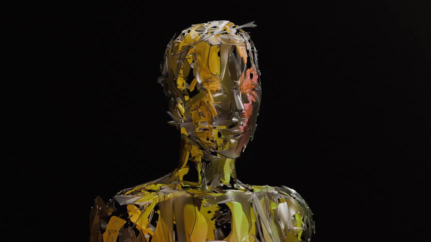 A seamless loop of a fragmented humanoid bust made of iridescent, colorful, reflective pieces on a black background