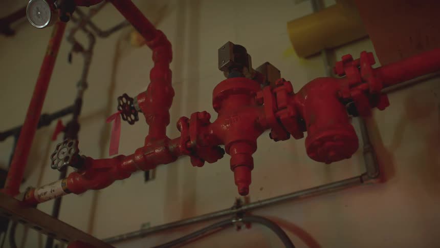A flashing red emergency light illuminates the red pipes and valves of an industrial boiler room system