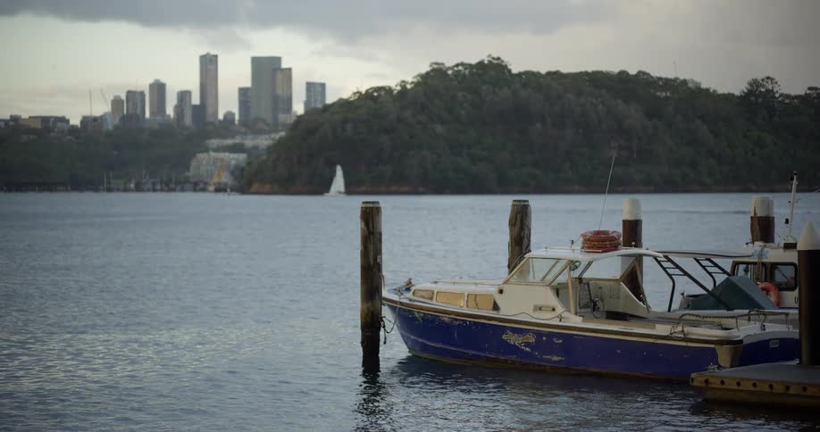 A weathered blue boat is docked in a calm harbor with a distant city skyline visible on a cloudy day