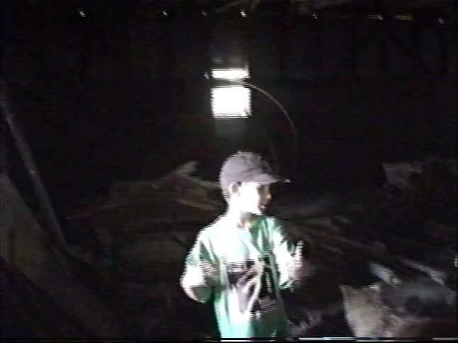 Three children and their dog explore a dark, abandoned barn in grainy vintage footage