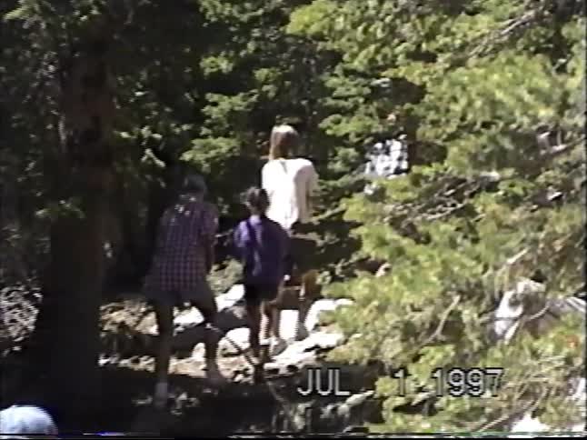 A group of friends filmed on a camcorder hikes up a steep, rocky trail through a sunny forest in 1997