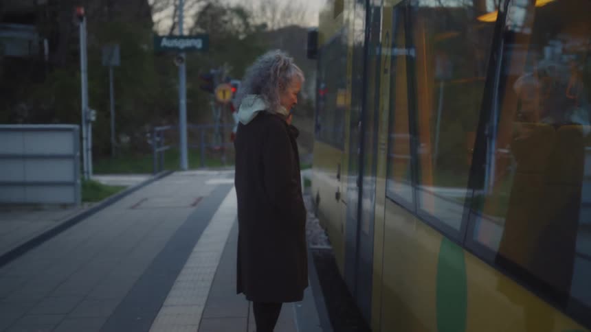 A senior woman with grey hair talks on her phone at a train station platform as a train departs at dusk