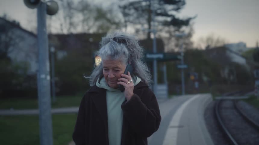 A thoughtful elderly woman with gray hair makes a phone call while walking along a quiet train platform at dusk
