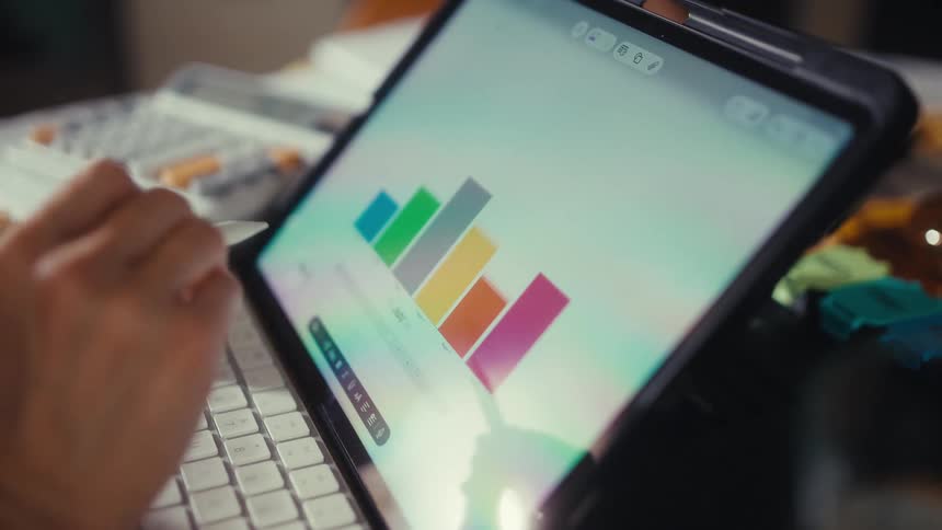Close up of hands using a stylus to scroll through monthly data on a colorful bar chart displayed on a tablet screen