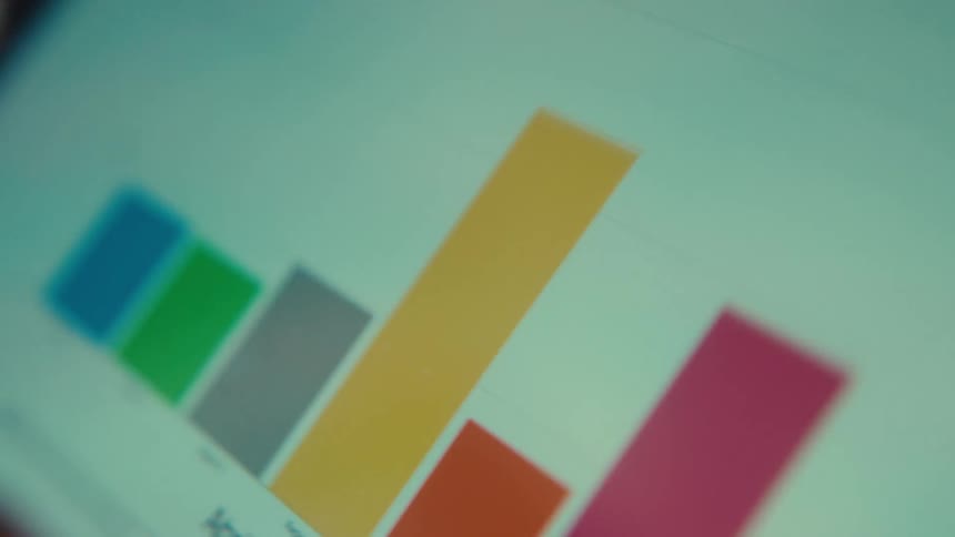 Close-up of a digital screen displaying a colorful animated bar graph for business analytics and financial reporting