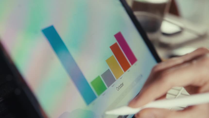 A person's hand uses a stylus to analyze a colorful bar graph on a tablet screen