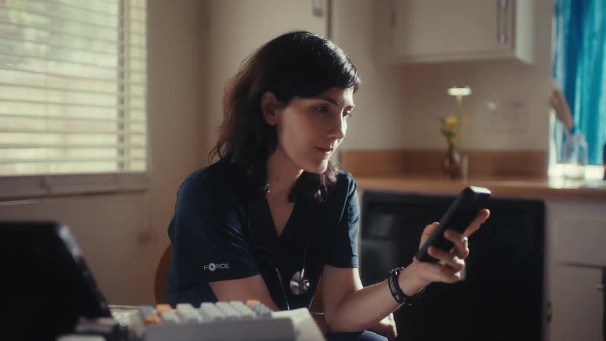 A smiling healthcare worker in scrubs relaxes at her kitchen table while looking at her smartphone