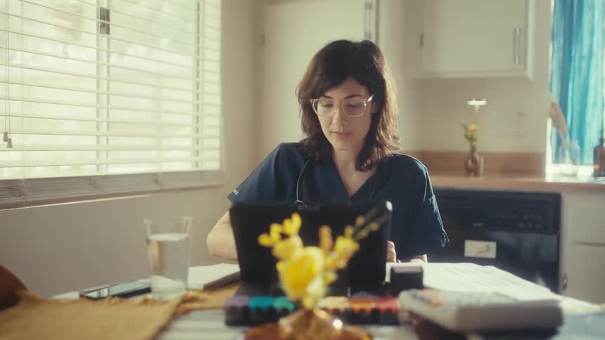 A female doctor in scrubs conducts a telehealth appointment on her tablet from her sunlit kitchen table