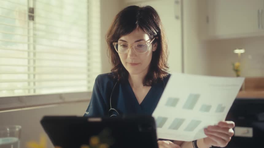 A dedicated female doctor in scrubs reviews patient data on a chart while working from home on her tablet