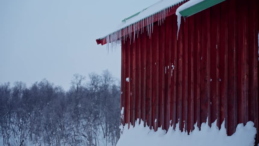 A red wooden barn with icicles hanging from the roof stands in a snowy forest during a gentle snowfall
