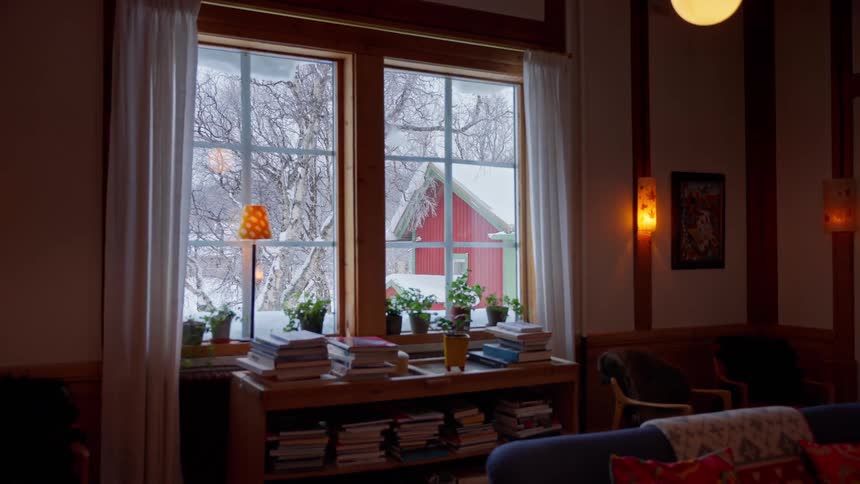 View from a cozy, warmly lit library looking out a window onto a snowy winter landscape with a red cabin