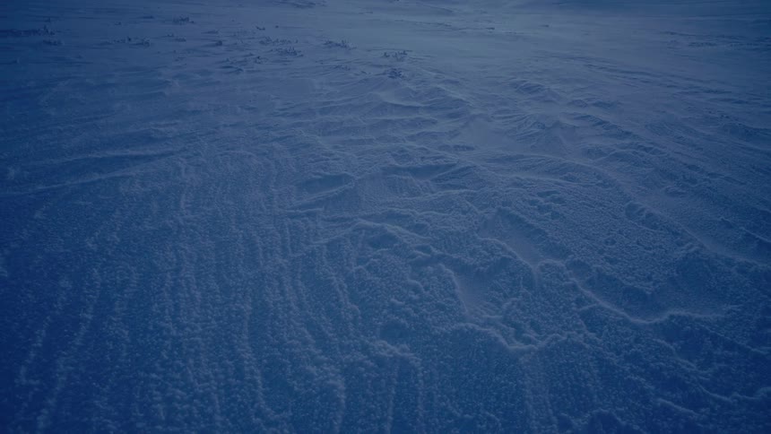 A slow panning shot reveals a vast, snow-covered landscape as a blizzard rages at twilight