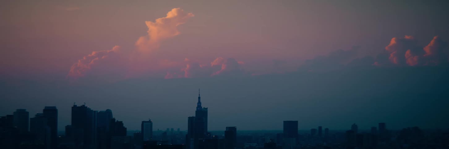 A stunning telephoto shot of a city skyline silhouetted against a beautiful pink and purple sunset sky