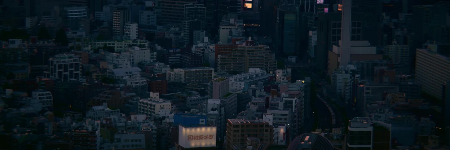 An aerial view of the Tokyo cityscape at dusk as a train moves through the urban sprawl