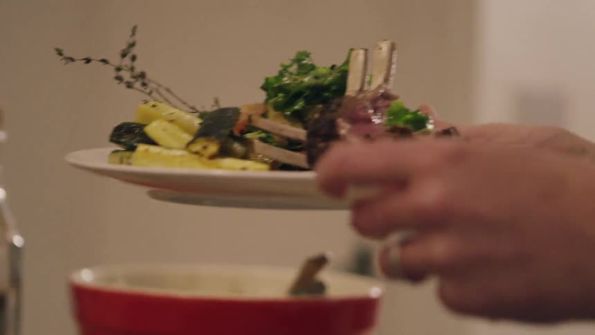 A woman is reaching out a dinner plate of carefully arranged food