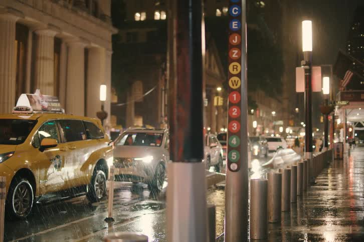 A yellow New York City taxi idles in traffic on a rainy night as streetlights reflect on the wet pavement