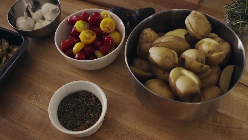 Ingredients are waiting in bowls placed on a countertop