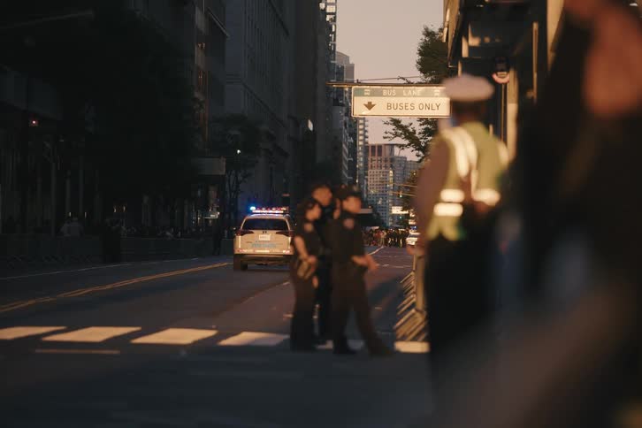 A traffic officer and police stand guard on a city street with an NYPD car flashing its lights in the background at sunset