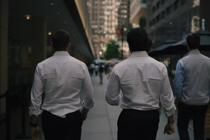 Back view of four male colleagues walking and talking together down a bustling city street in slow motion