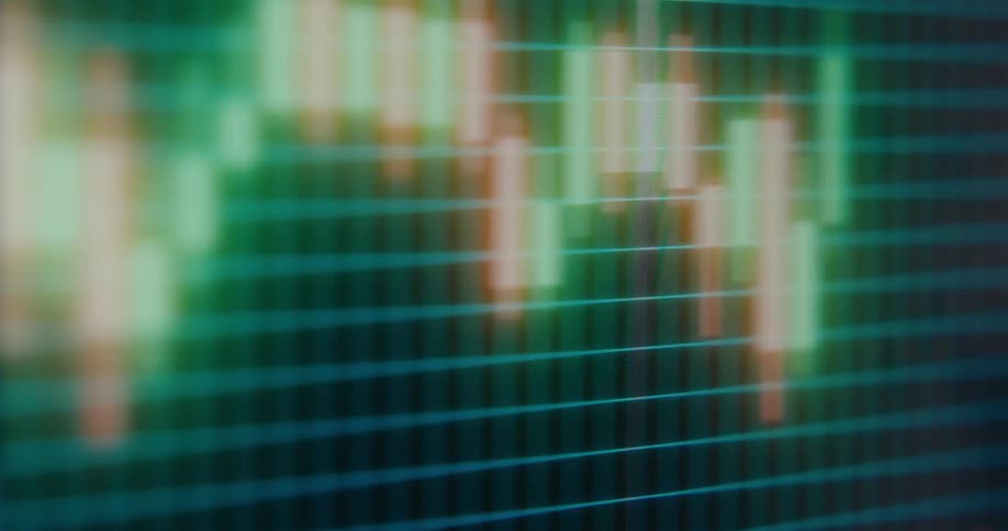 A blurry, abstract animation of a candlestick chart showing stock market or cryptocurrency volatility on a digital screen