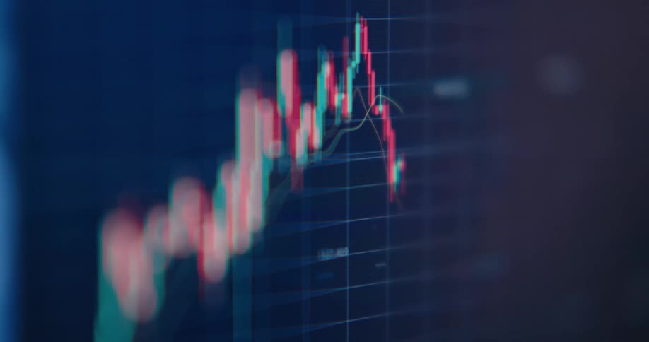 Soft focus close up of a digital stock market candlestick chart displaying volatile price movements