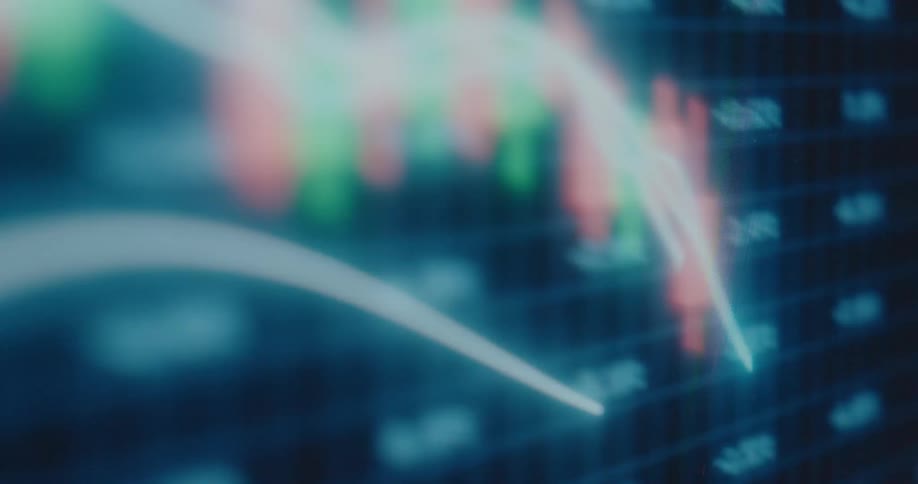 An abstract, glowing line graph fluctuates over a blurred candlestick chart, visualizing the volatility of the financial stock market