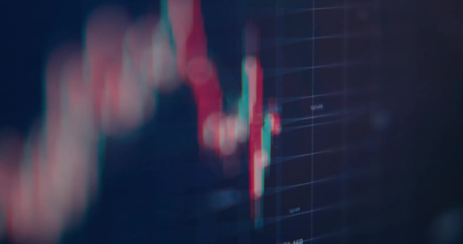 A close-up view of a digital candlestick stock market chart displaying fluctuating price data and market volatility