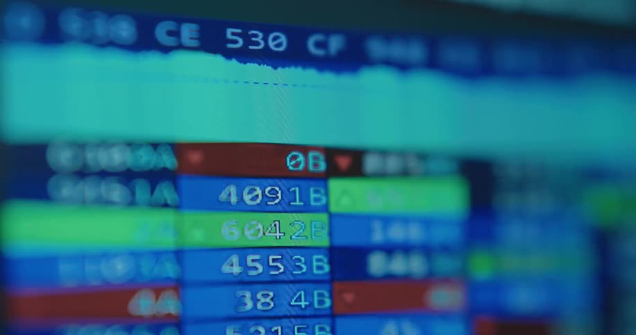 A close-up shot of a stock market ticker board on a computer screen displaying real-time financial data