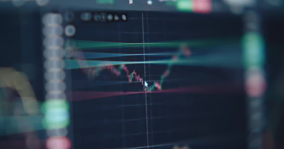 Blurry close-up of a digital screen displaying a live stock market candlestick chart with fluctuating prices
