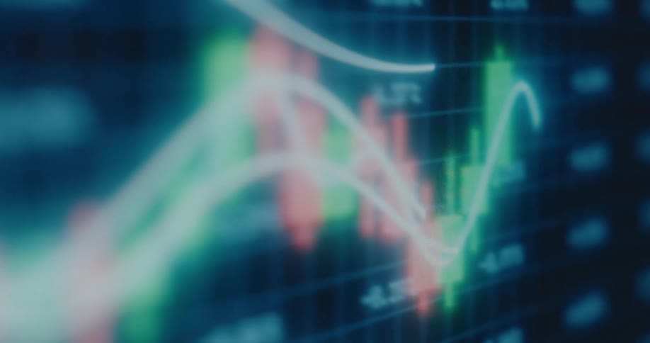 A blurred, close-up, and stylized animation of a digital stock market chart with glowing lines and fluctuating data