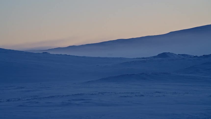 A serene and cold, blue-lit snowscape stretches out across rolling hills under a twilight sky