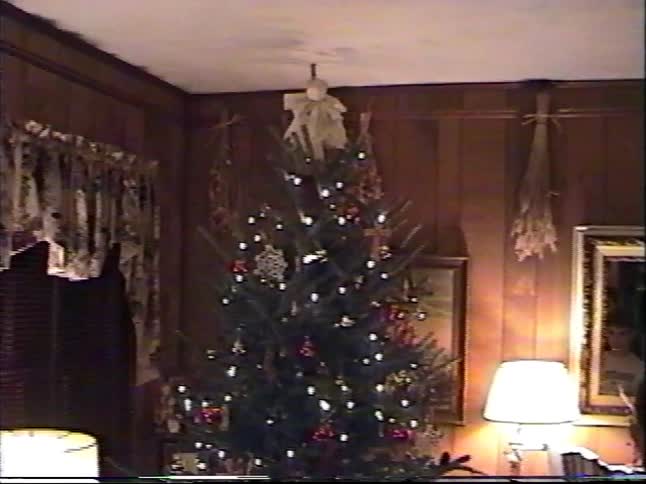 A young boy inspects presents under a beautifully decorated Christmas tree with twinkling lights in a cozy living room, captured on vintage VHS tape