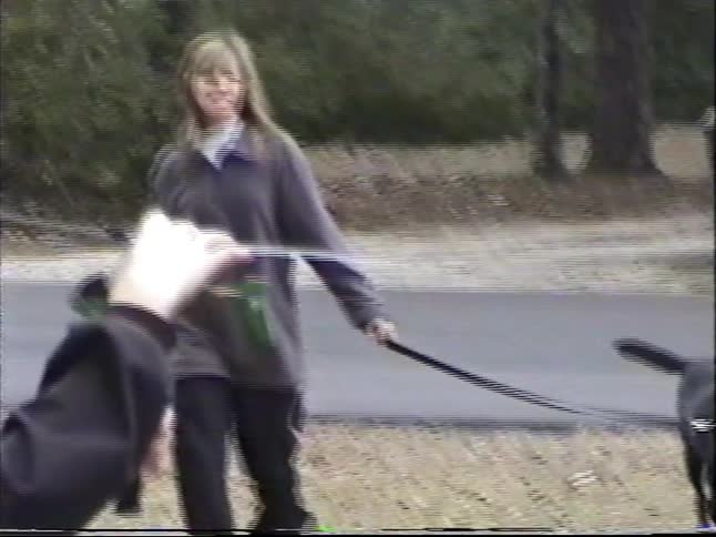 Vintage VHS footage shows a woman smiling as she walks her black Labrador on a leash through a park
