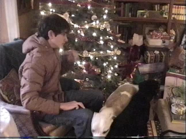 A family and their dogs gather around the Christmas tree to open presents together on Christmas morning in a cozy living room