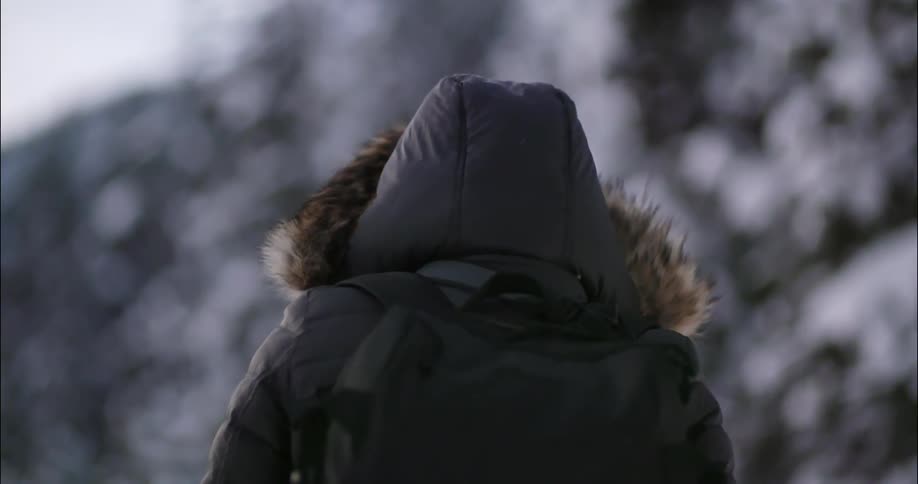 Woman walks outside near trees on a snowy day
