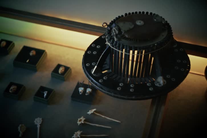 A mysterious antique mechanical device and carved artifacts are on display in a dimly lit museum case