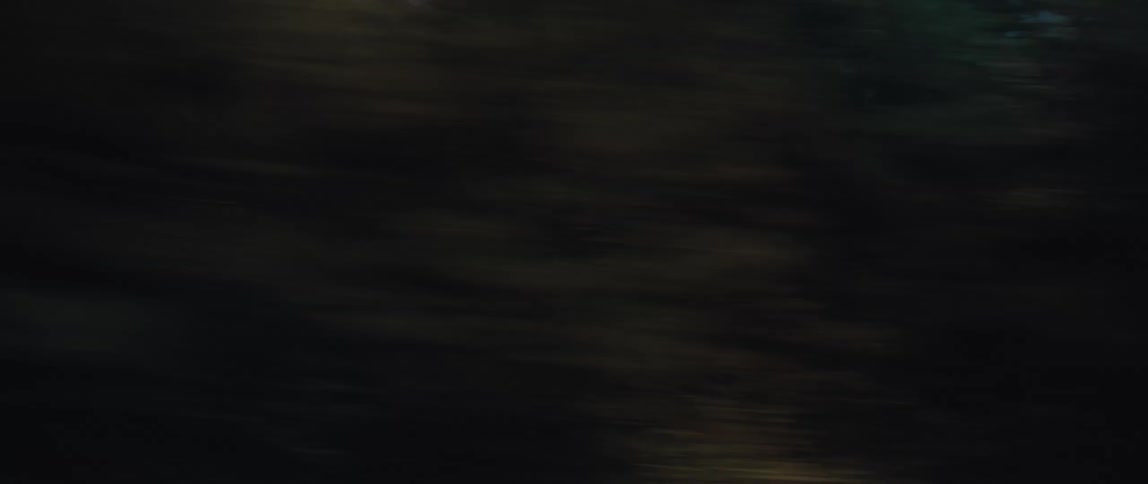 An abstract, dark, and blurry view from a car window driving past a forest at night