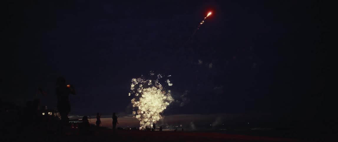 Silhouetted people on a beach watch a vibrant fireworks show lighting up the night sky