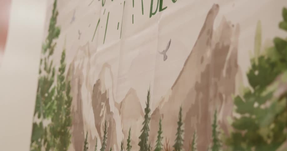 A slow pan reveals a decorative party banner with the phrase 'let the adventure BEGIN' over a watercolor painting of a forest scene